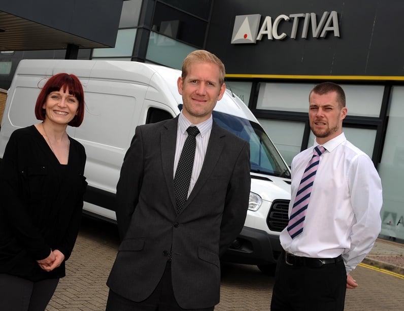 Jack Ball commercial vehicle manager Activa Contracts centre flanked by commercial vehicle executives Faye Taylor and Ben Green.